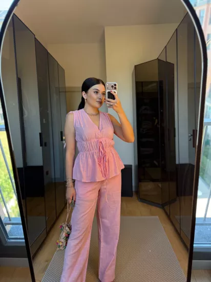Bel lastik detaylı bluz pantolon takım