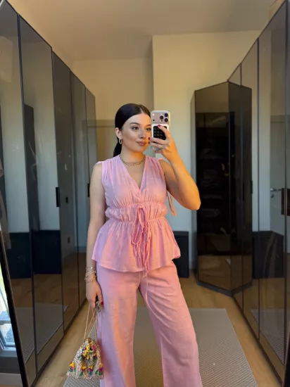 Bel lastik detaylı bluz pantolon takım