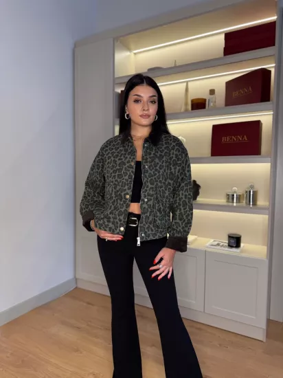 Denim leopar kadife yaka ceket