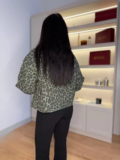 Denim leopar kadife yaka ceket